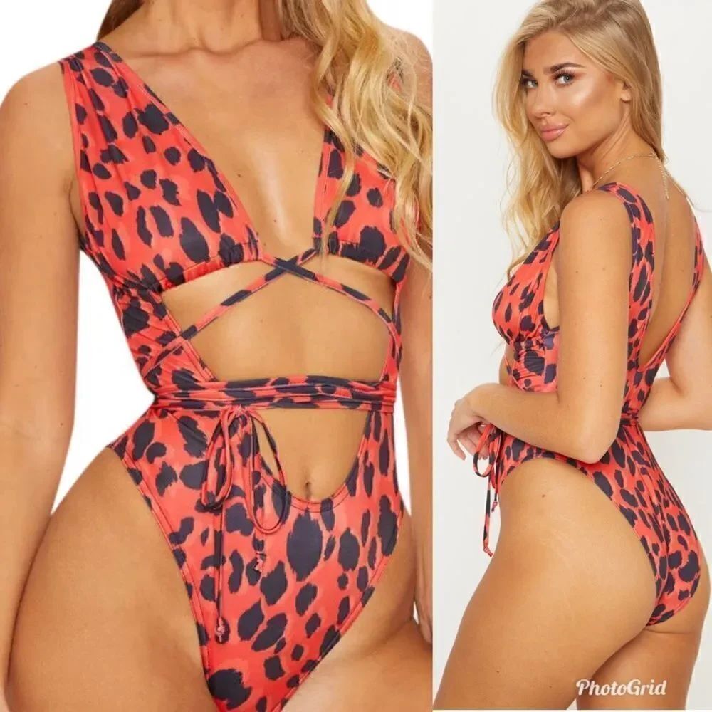 Prettylittlething Red Leopard Cut Out Wrap Around Swimsuit One Piece
